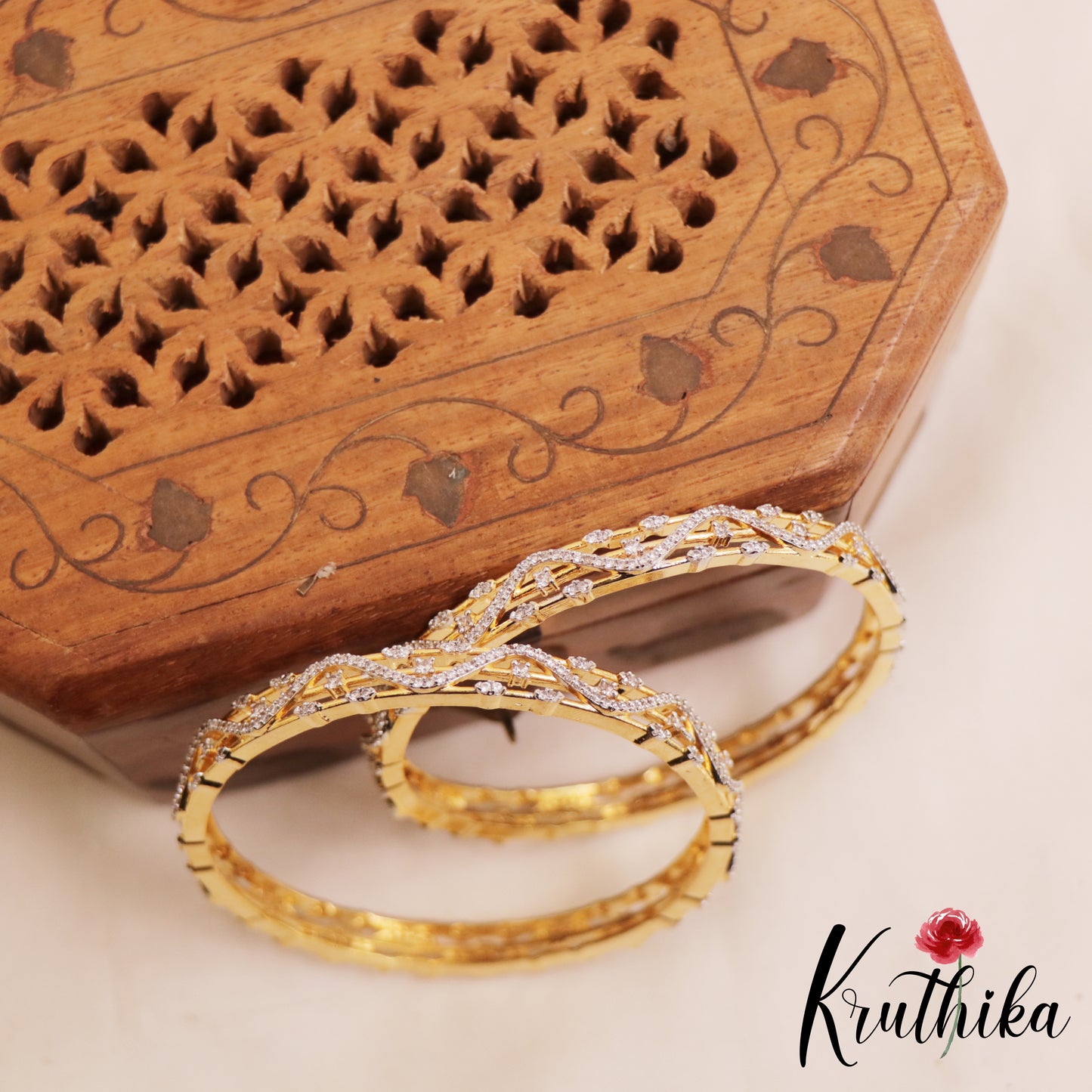 Elegant Floral Motifs Diamond-Finish Gold-Tone AD Bangles B524 (Set Of 2)
