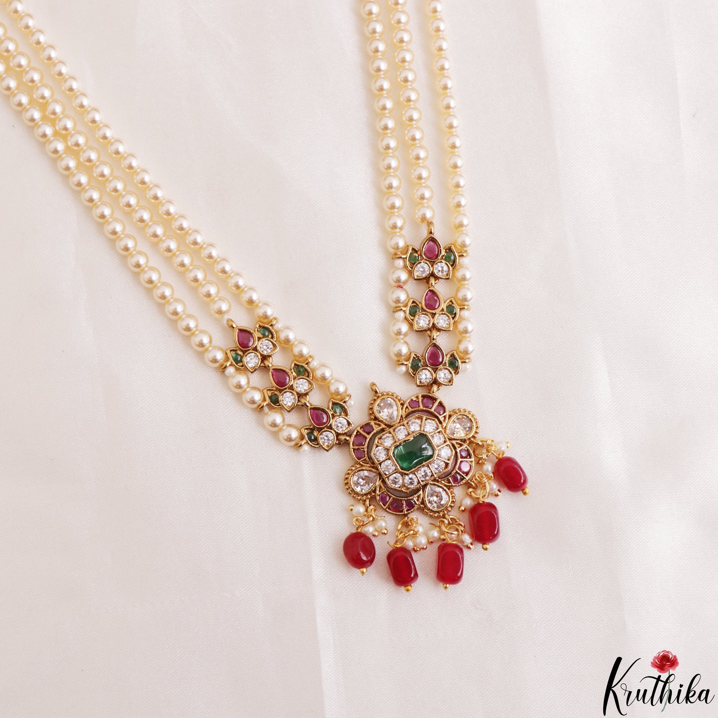 Elegant Multi Strand Pearl Chain With Kemp Square Teardrop Motifs Pendant LH2195 (Available In 3 Colors)