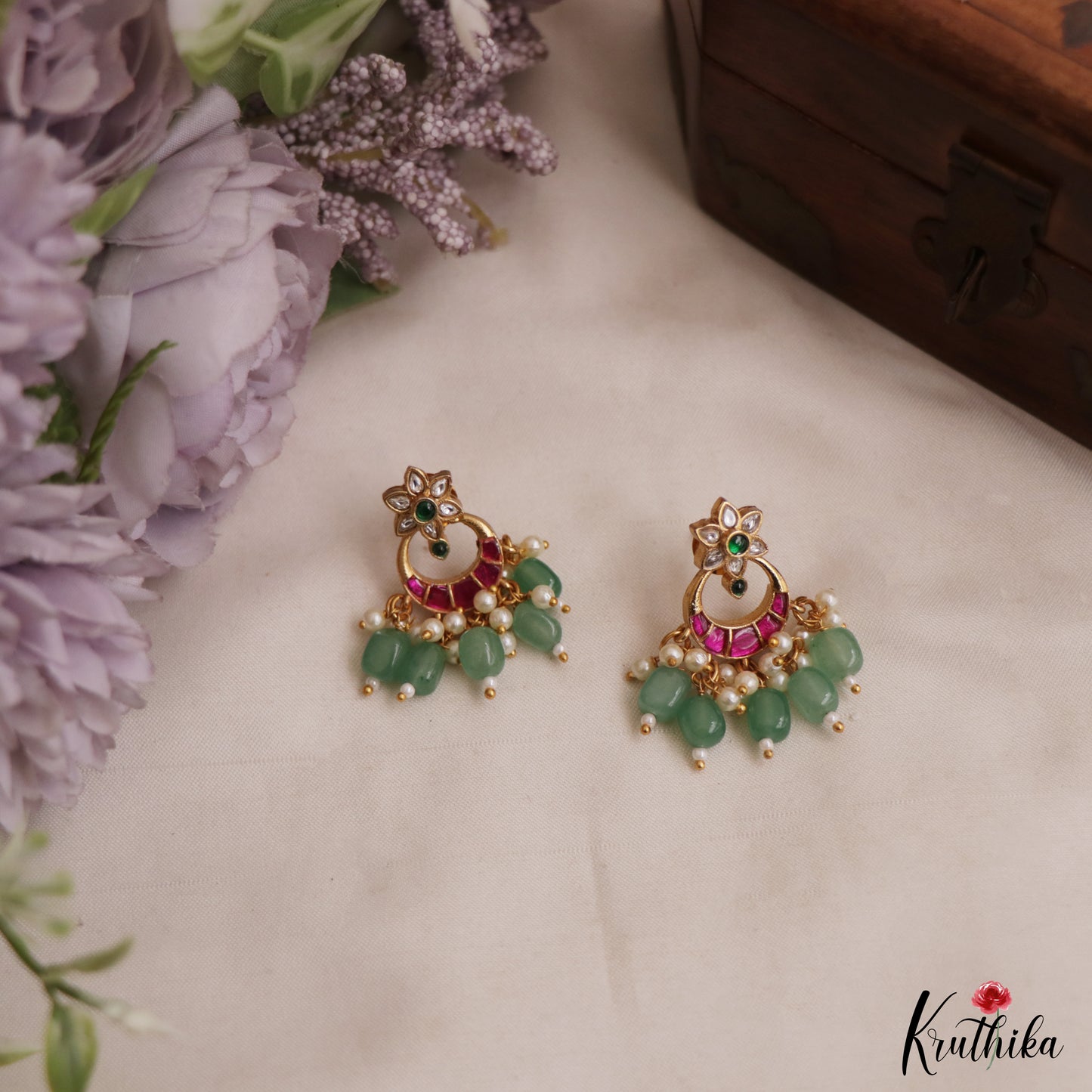 Elegant Floral Motifs Chandbali Jadau Earrings With Green Bead Drops E1151