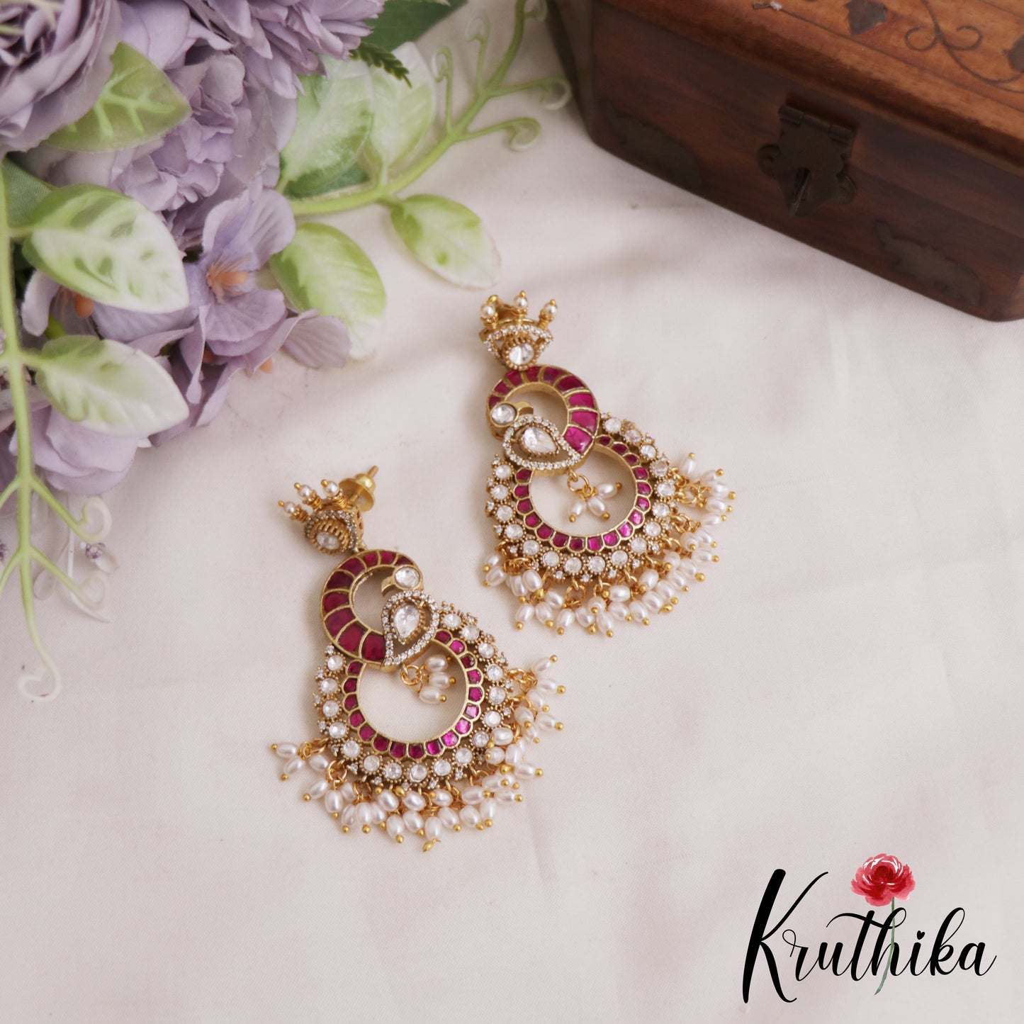 Stunning Peacock Motifs Jadau Earrings With Pearl Drops E1062 (Available In 2 Colors)