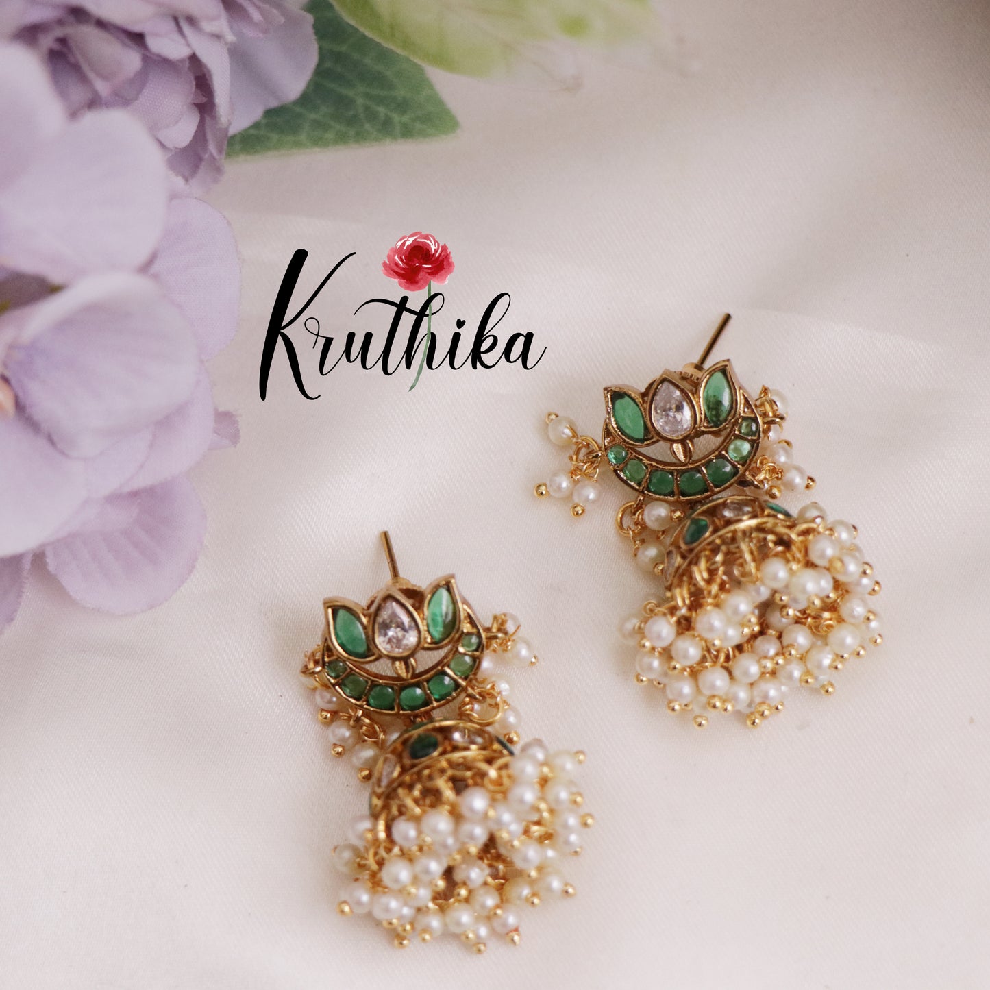 Beautiful Kemp Lotus Pearl Drop Jhumkas E686 (available in 3 Colors)