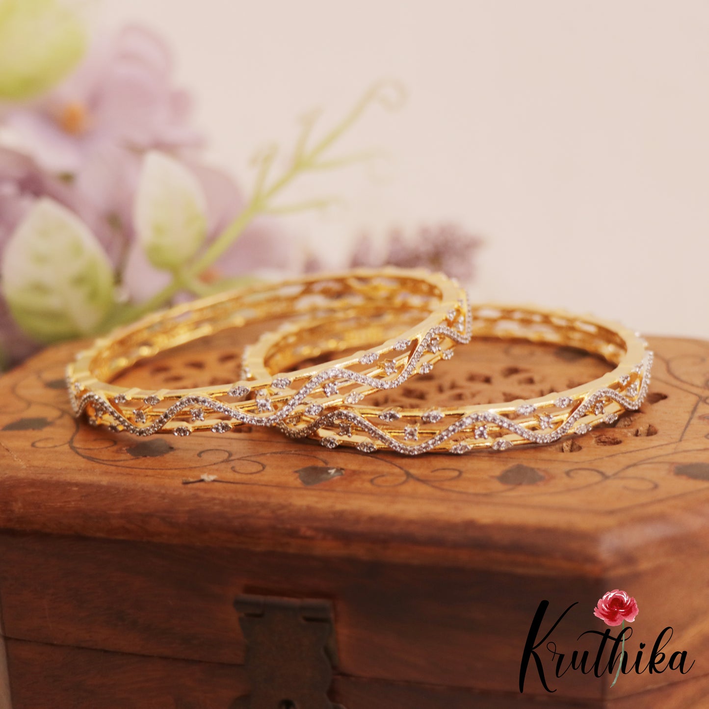 Elegant Floral Motifs Diamond-Finish Gold-Tone AD Bangles B524 (Set Of 2)