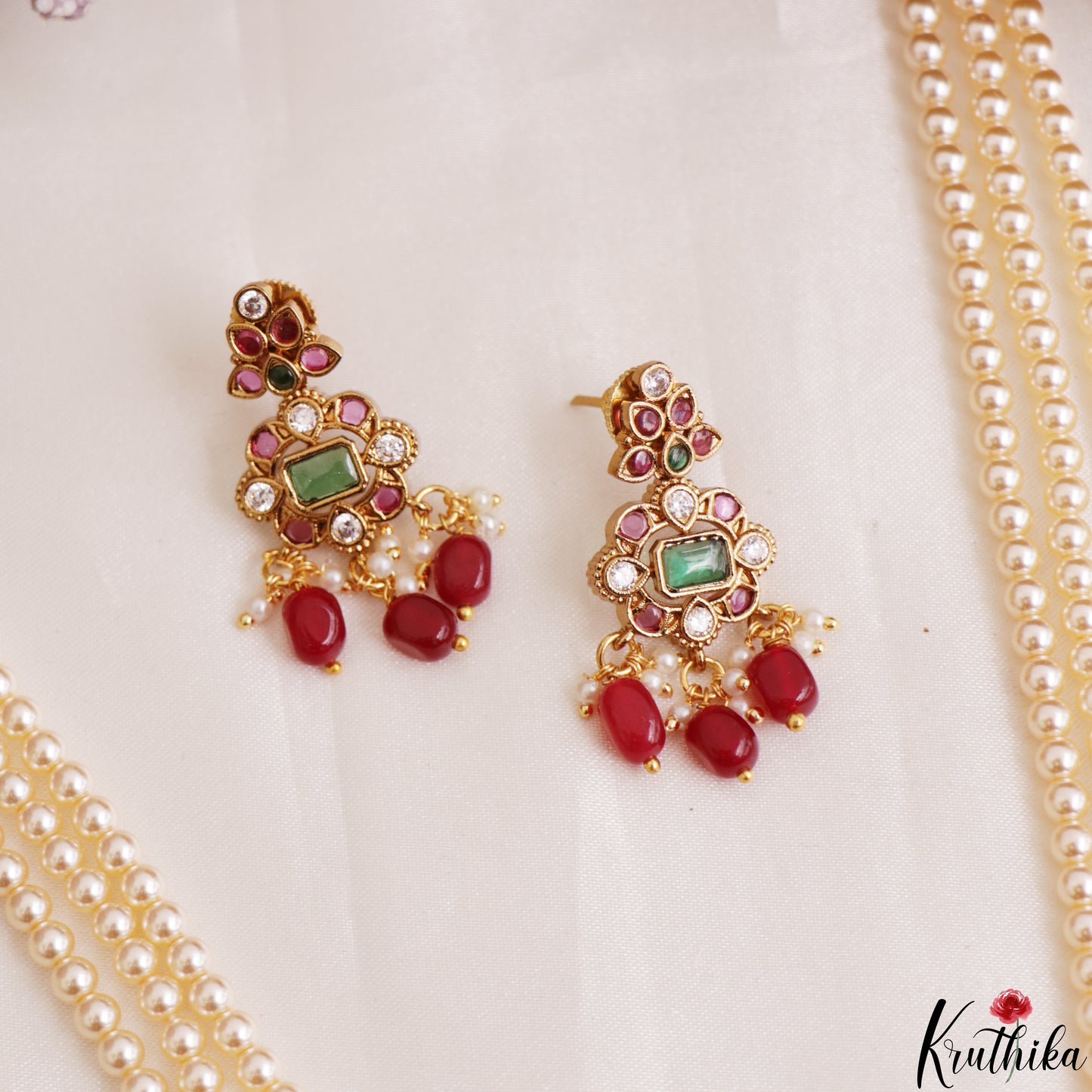 Elegant Multi Strand Pearl Chain With Kemp Square Teardrop Motifs Pendant LH2195 (Available In 3 Colors)