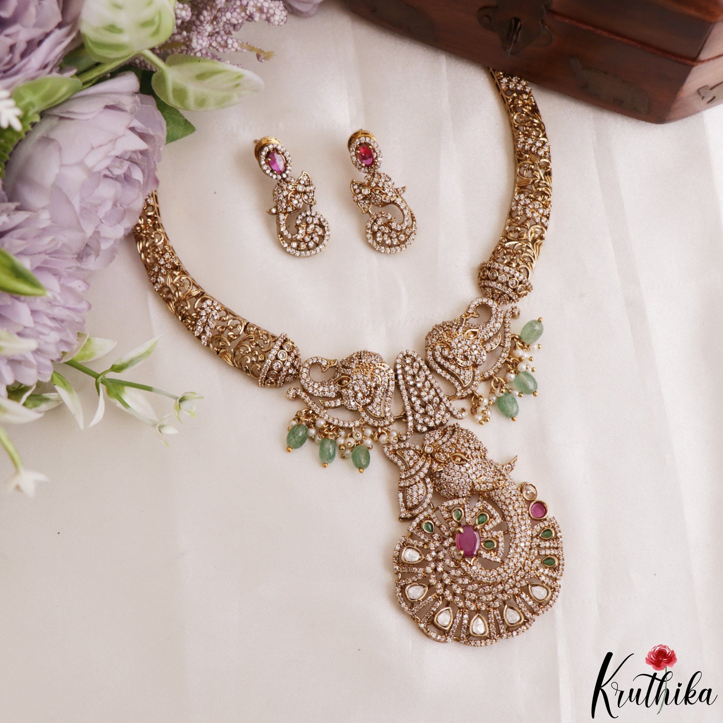 Sparkling Elephant Motifs CZ Victorian Necklace NC3234