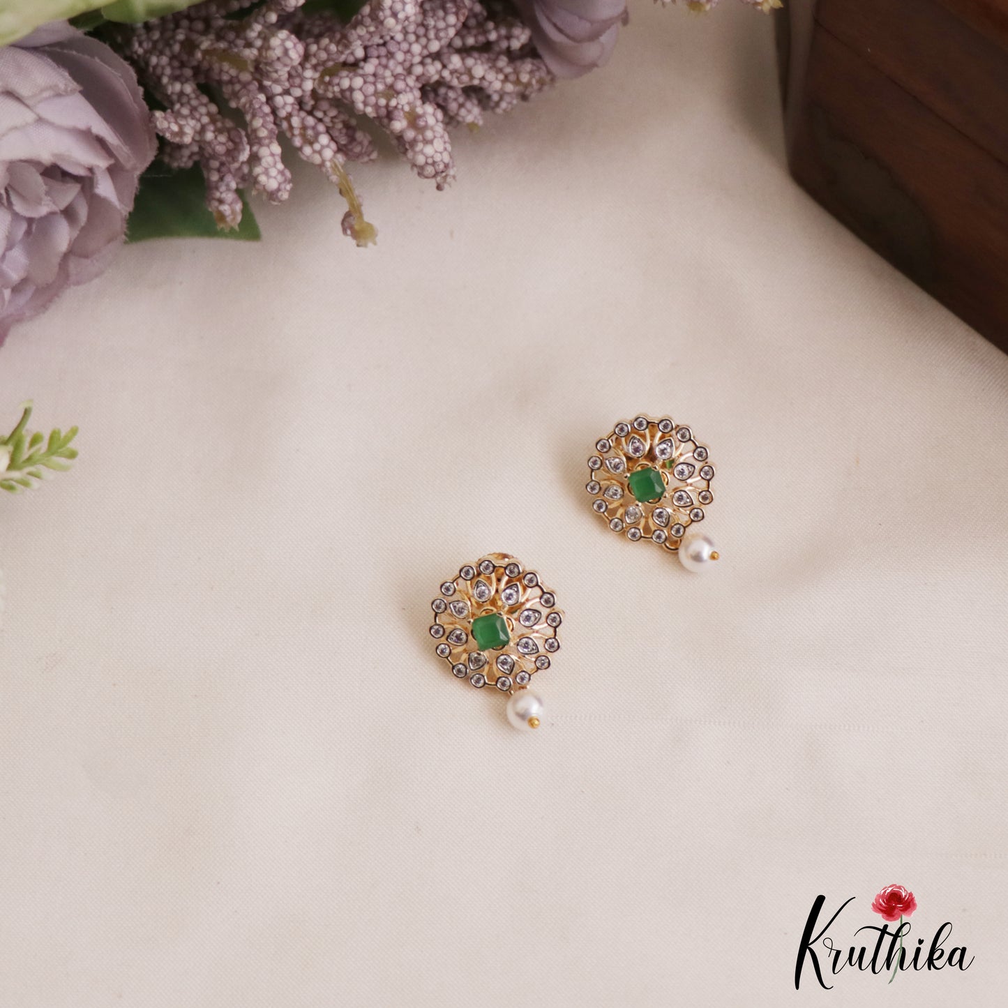 Simple Floral Motifs AD Stud Earrings With Pearl Drop E1112 (Available In 2 Colors)