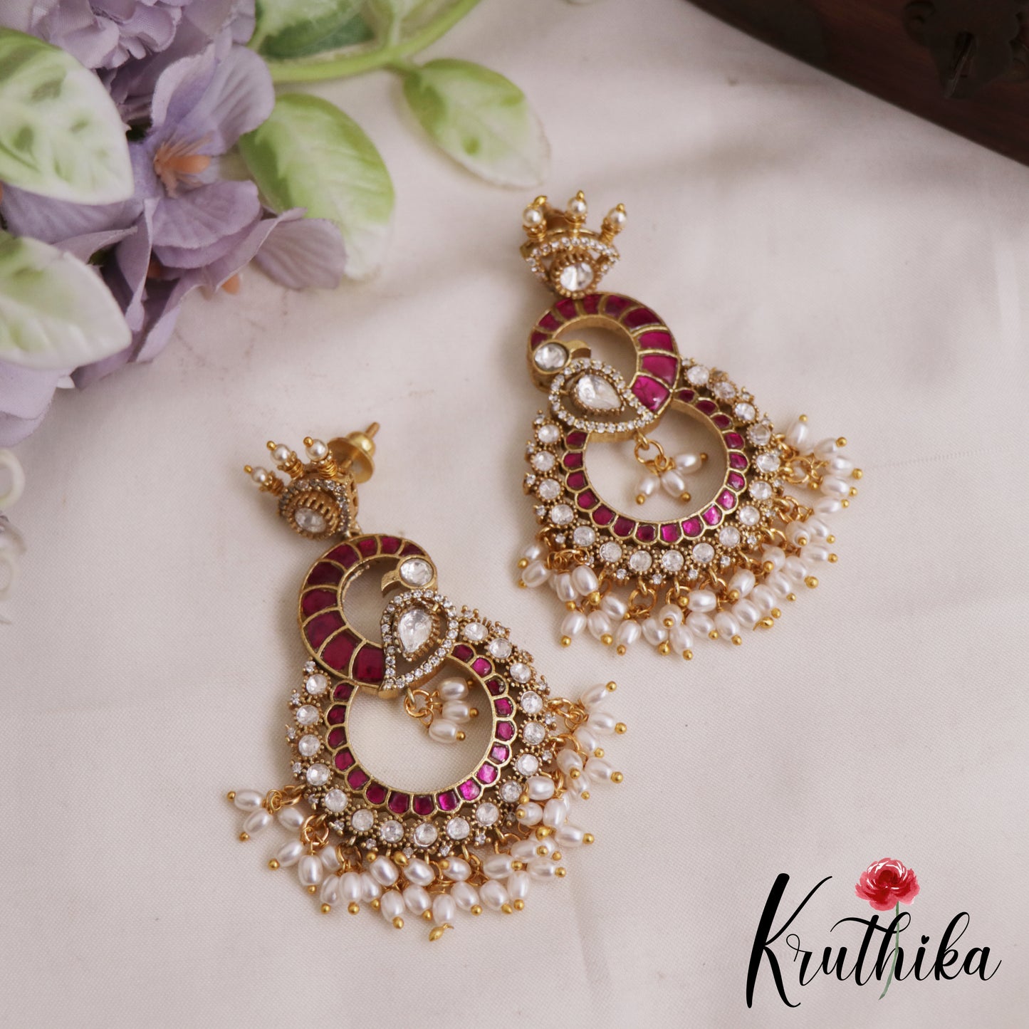 Stunning Peacock Motifs Jadau Earrings With Pearl Drops E1062 (Available In 2 Colors)