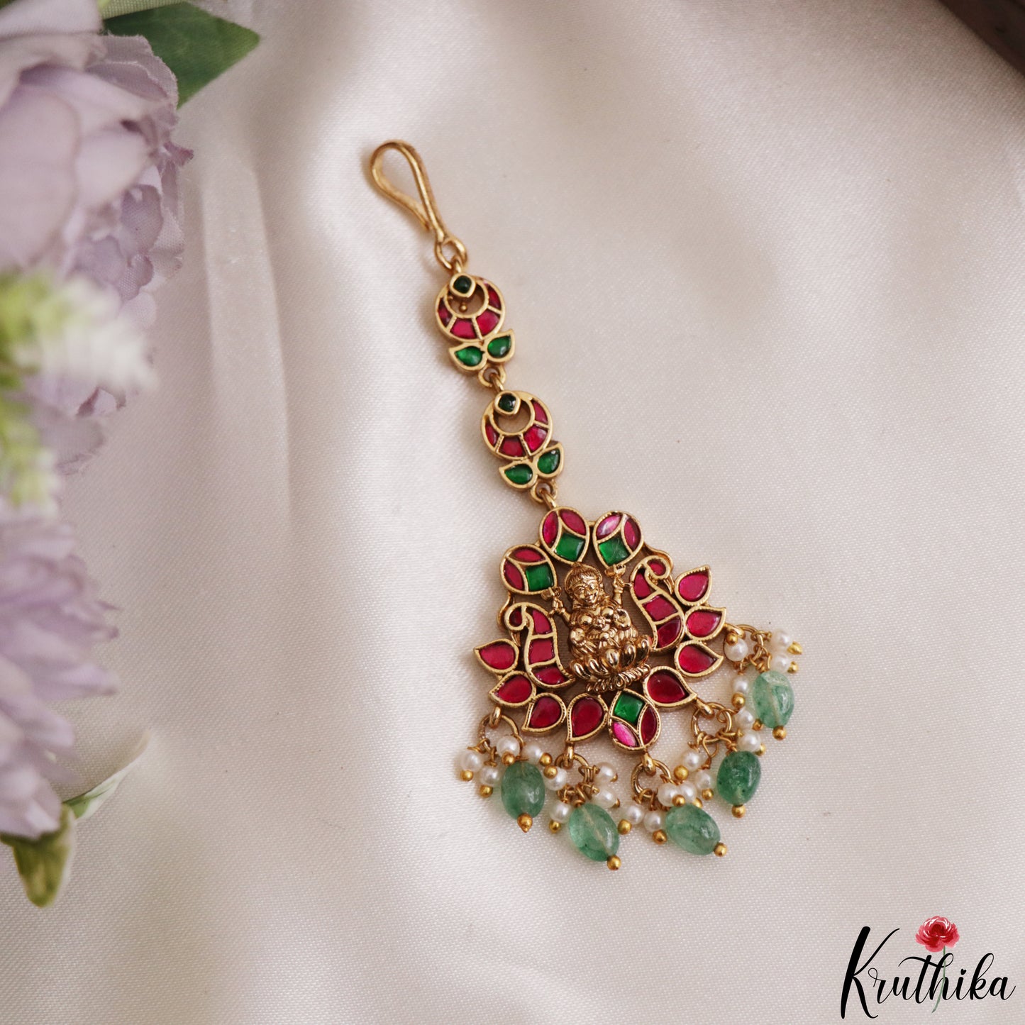 Elegant Antique Lakshmi Motifs Jadau Maang Tikka With Golden Bead Drops MT404 (Available In 4 Colors)