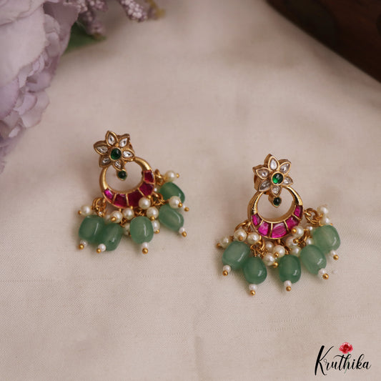 Elegant Floral Motifs Chandbali Jadau Earrings With Green Bead Drops E1151
