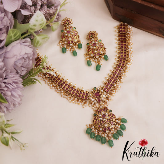 Stunning Floral Motifs Kemp Guttapoosalu Necklace With Green Bead Drops NC2826