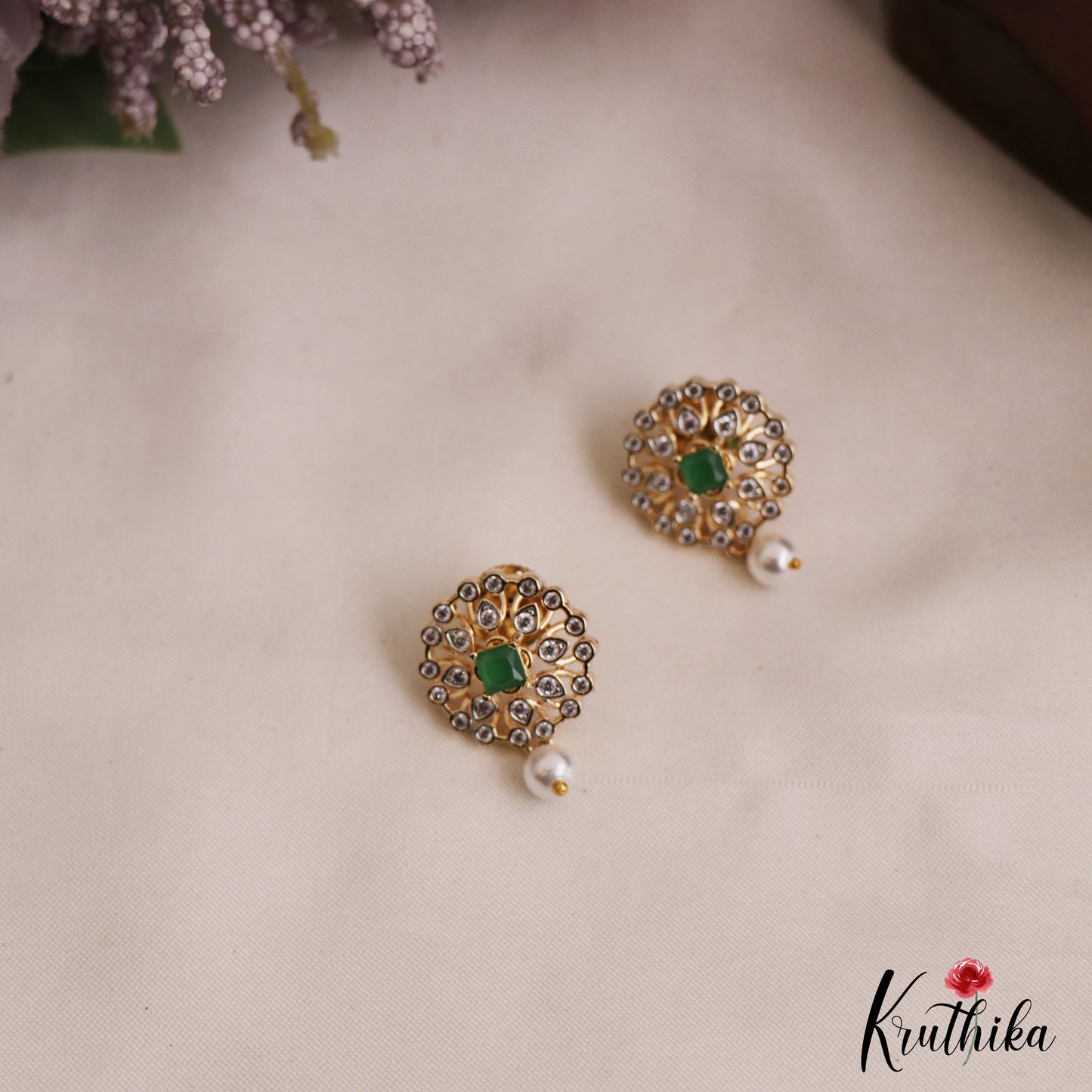 Simple Floral Motifs AD Stud Earrings With Pearl Drop E1112 (Available In 2 Colors)