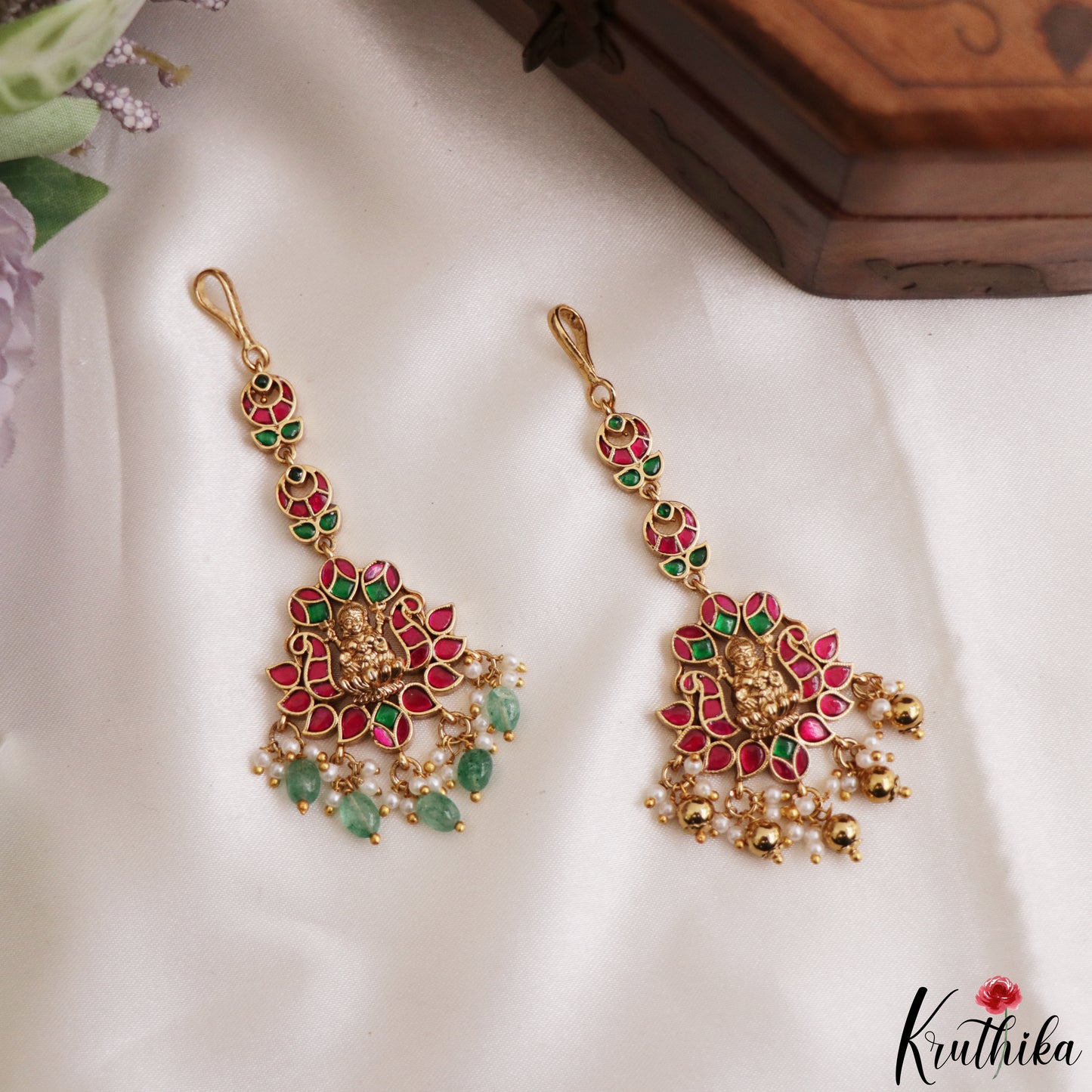 Elegant Antique Lakshmi Motifs Jadau Maang Tikka With Golden Bead Drops MT404 (Available In 4 Colors)