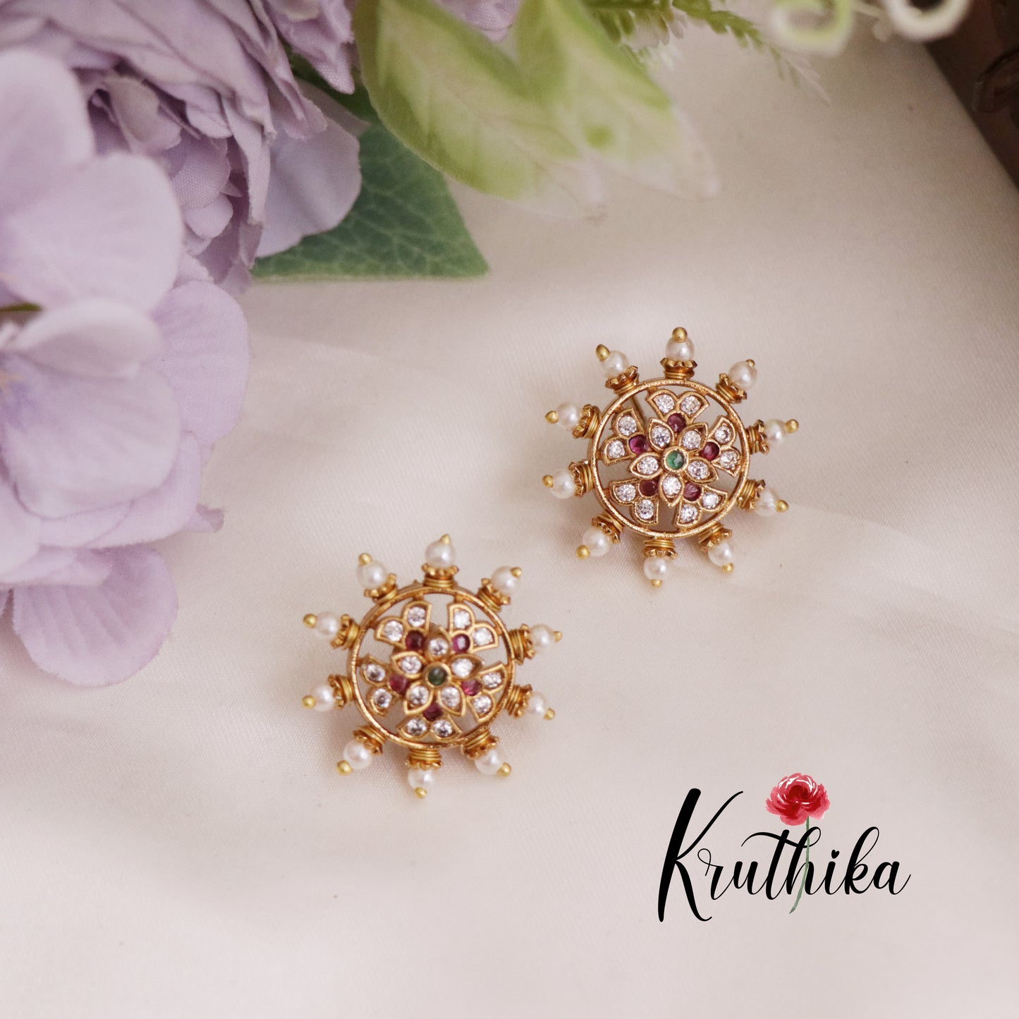 Beautiful Antique Floral Chakra Pearl Earstuds E691 (Available in 3 Colors)