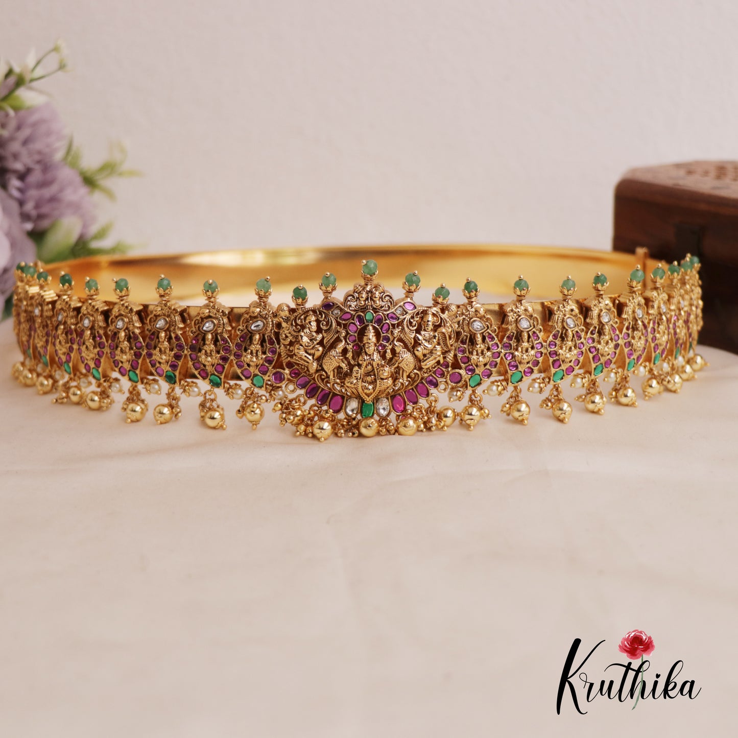 Beautiful Lakshmi Jadau Hip Belt With Golden Bead Drops V316