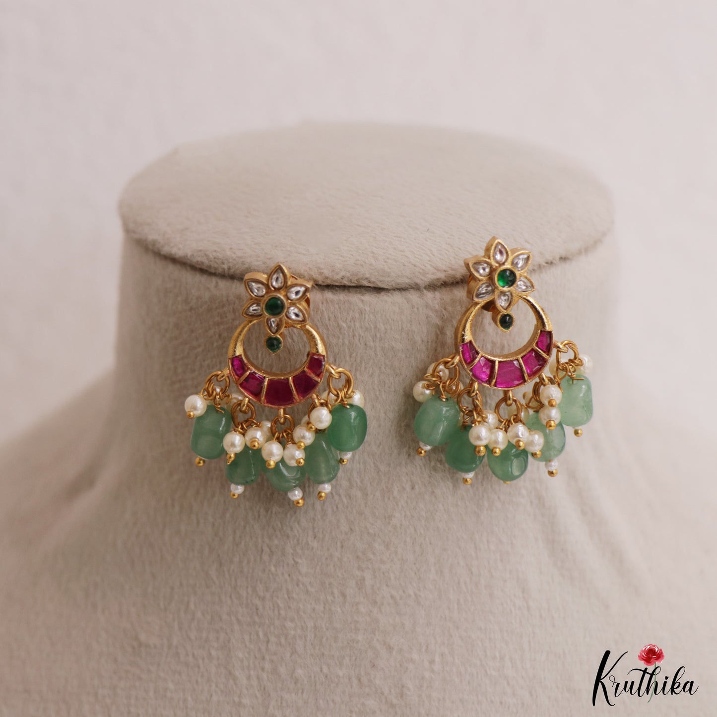 Elegant Floral Motifs Chandbali Jadau Earrings With Green Bead Drops E1151