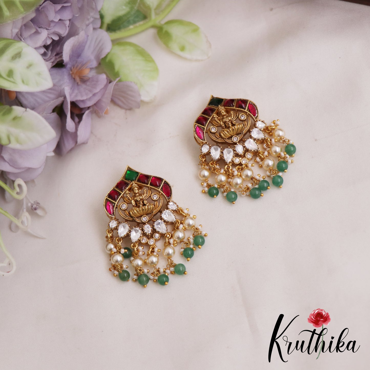 Classic Lakshmi Motifs Stud Earrings With Green Bead Drops E1056
