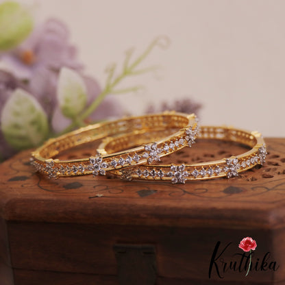 Elegant Floral Motifs Diamond-Finish Gold-Tone AD Bangles B522 (Set Of 2)