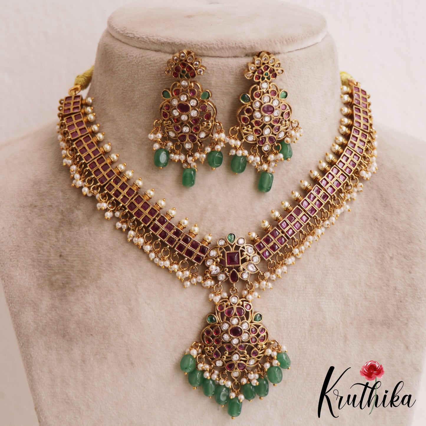 Stunning Floral Motifs Kemp Guttapoosalu Necklace With Green Bead Drops NC2826