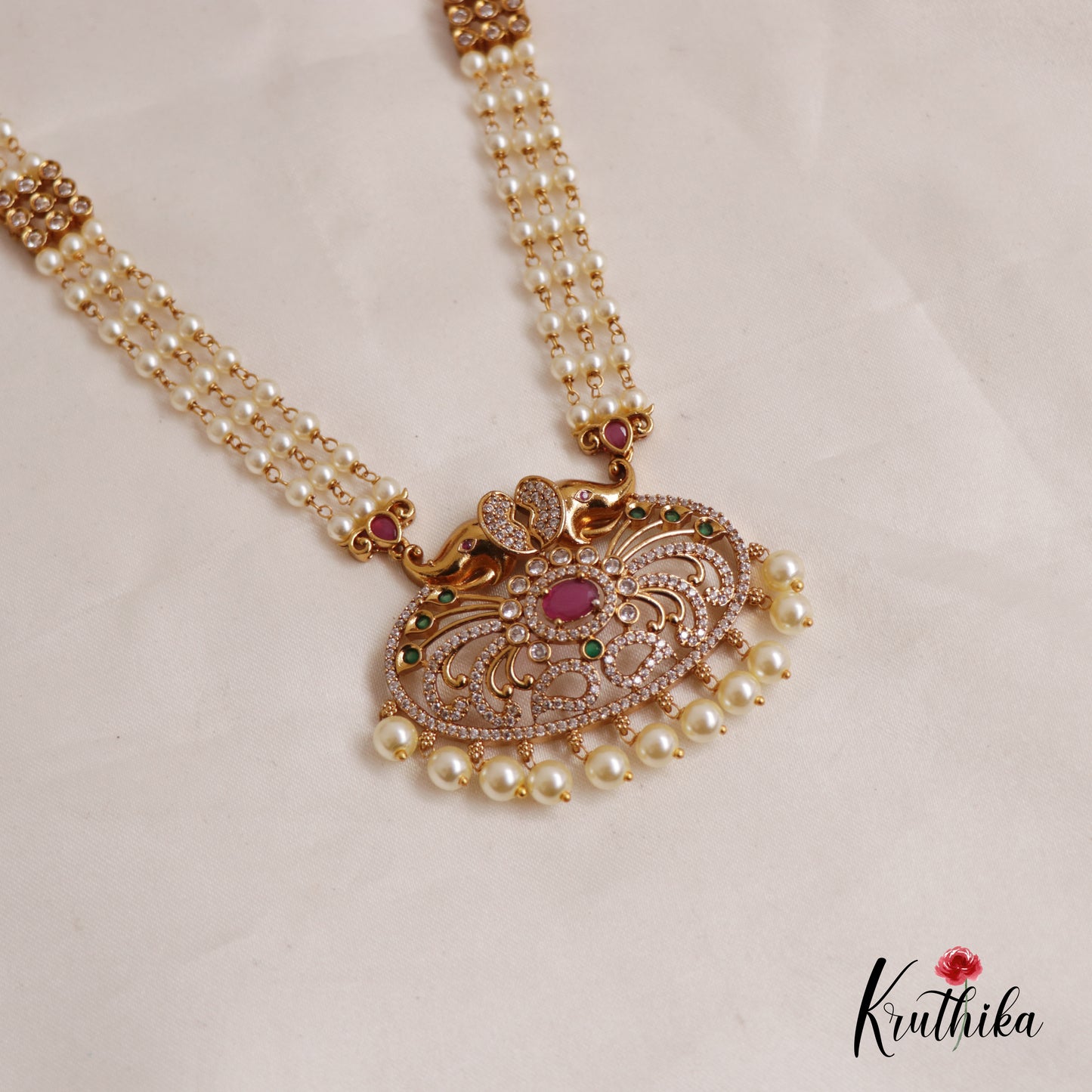 Elegant Triple Layered Pearl Strands With Elephant Motifs Pendant Haaram LH2013