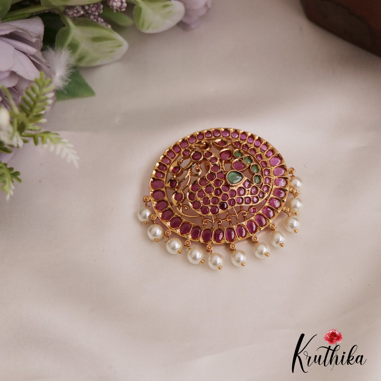 Elegant Peacock Motifs Kemp Pendant Set With Pearl Drops PS274