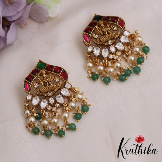 Classic Lakshmi Motifs Stud Earrings With Green Bead Drops E1056
