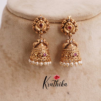 Beautiful Antique Peacock Jhumkas with Pearl Drops E681 (Available in 2 Colors)