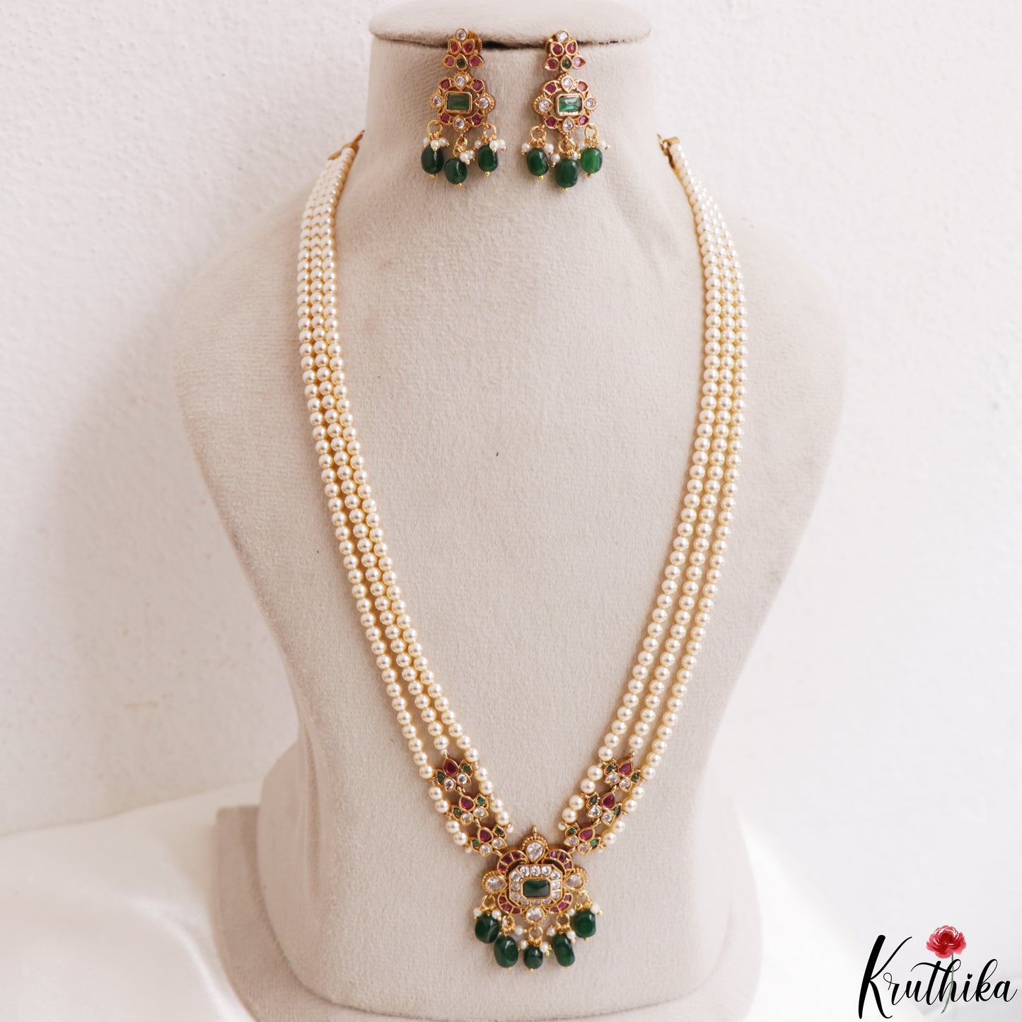 Elegant Multi Strand Pearl Chain With Kemp Square Teardrop Motifs Pendant LH2195 (Available In 3 Colors)