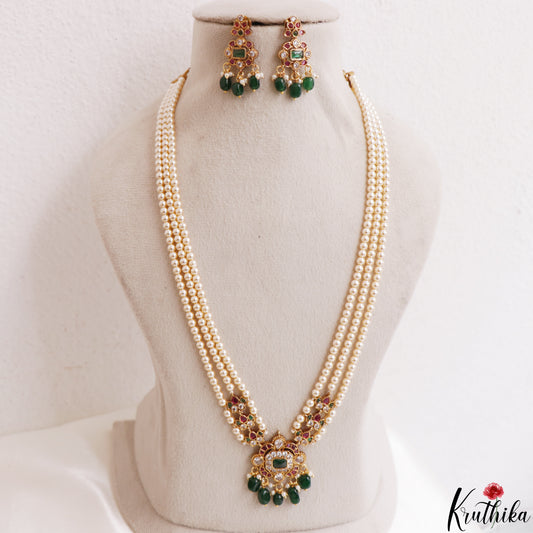 Elegant Multi Strand Pearl Chain With Kemp Square Teardrop Motifs Pendant LH2195 (Available In 3 Colors)
