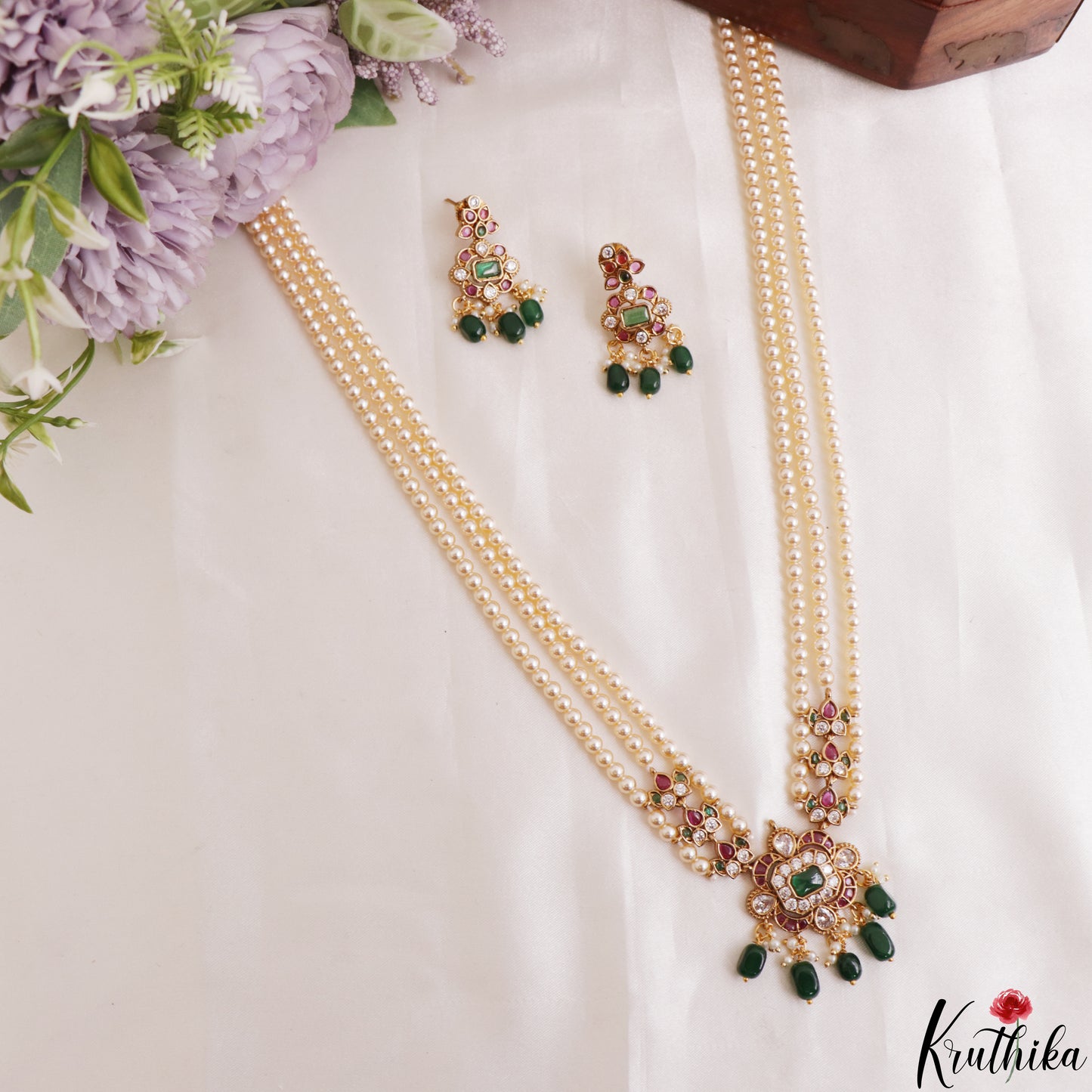 Elegant Multi Strand Pearl Chain With Kemp Square Teardrop Motifs Pendant LH2195 (Available In 3 Colors)