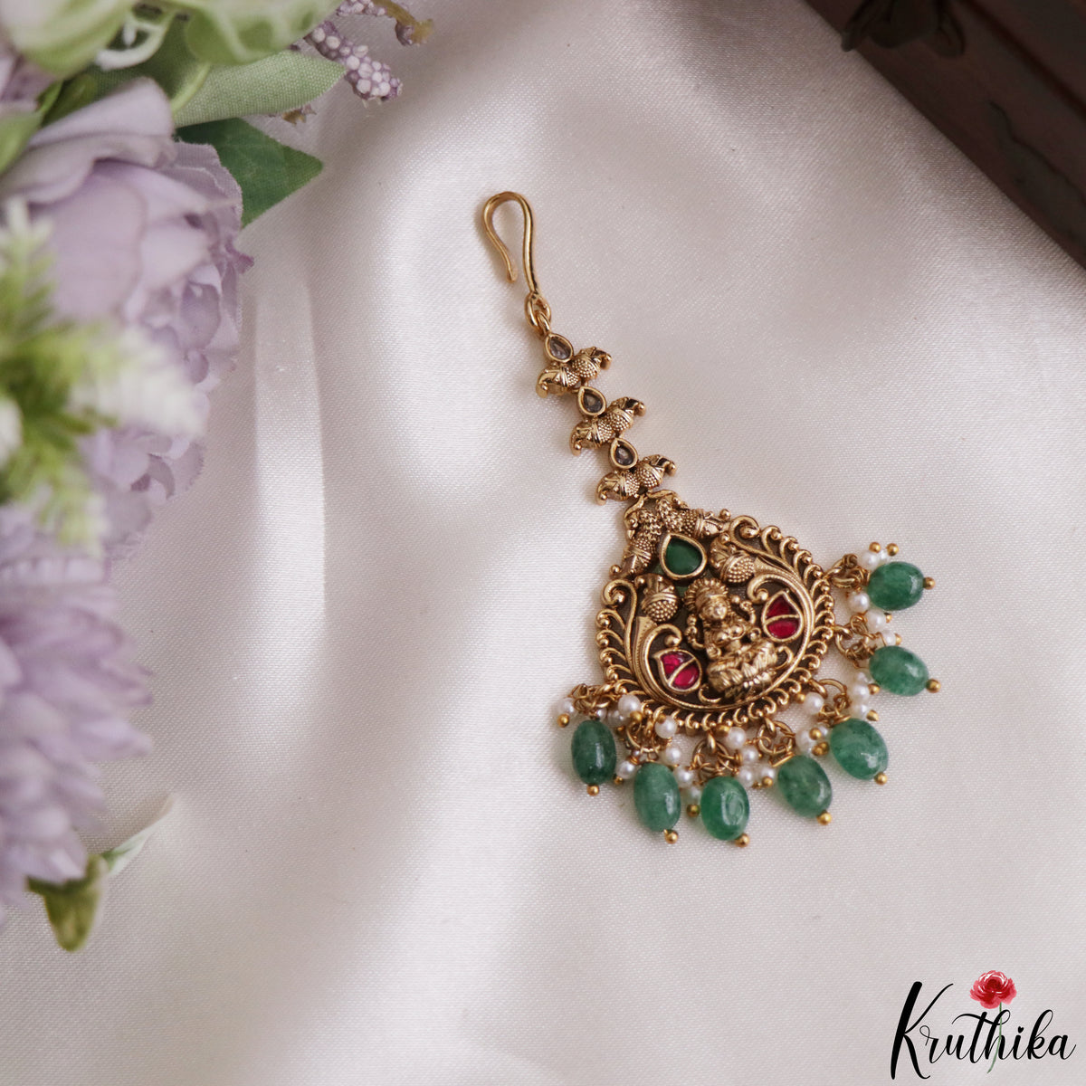 Pretty Antique Lakshmi Peacock Motifs Jadau Maang Tikka With Pearl Bead Drops MT407 (Available In 3 Colors)