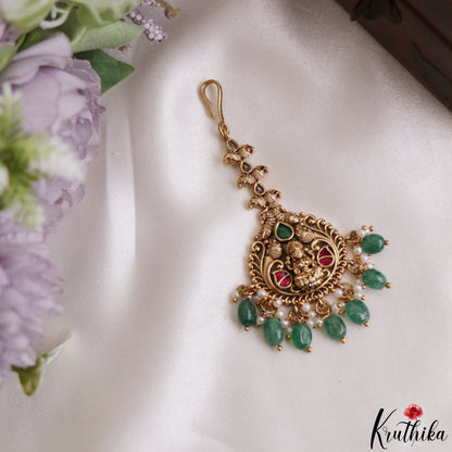Pretty Antique Lakshmi Peacock Motifs Jadau Maang Tikka With Pearl Bead Drops MT407 (Available In 3 Colors)