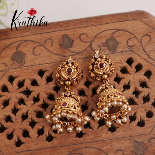 Beautiful Antique Peacock Jhumkas with Pearl Drops E681 (Available in 2 Colors)