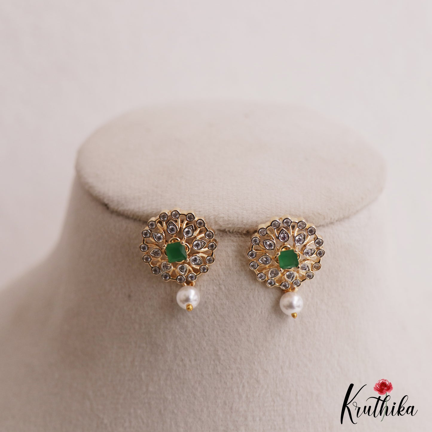 Simple Floral Motifs AD Stud Earrings With Pearl Drop E1112 (Available In 2 Colors)