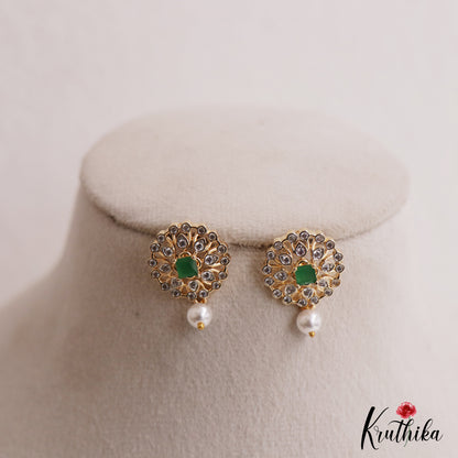 Simple Floral Motifs AD Stud Earrings With Pearl Drop E1112 (Available In 2 Colors)