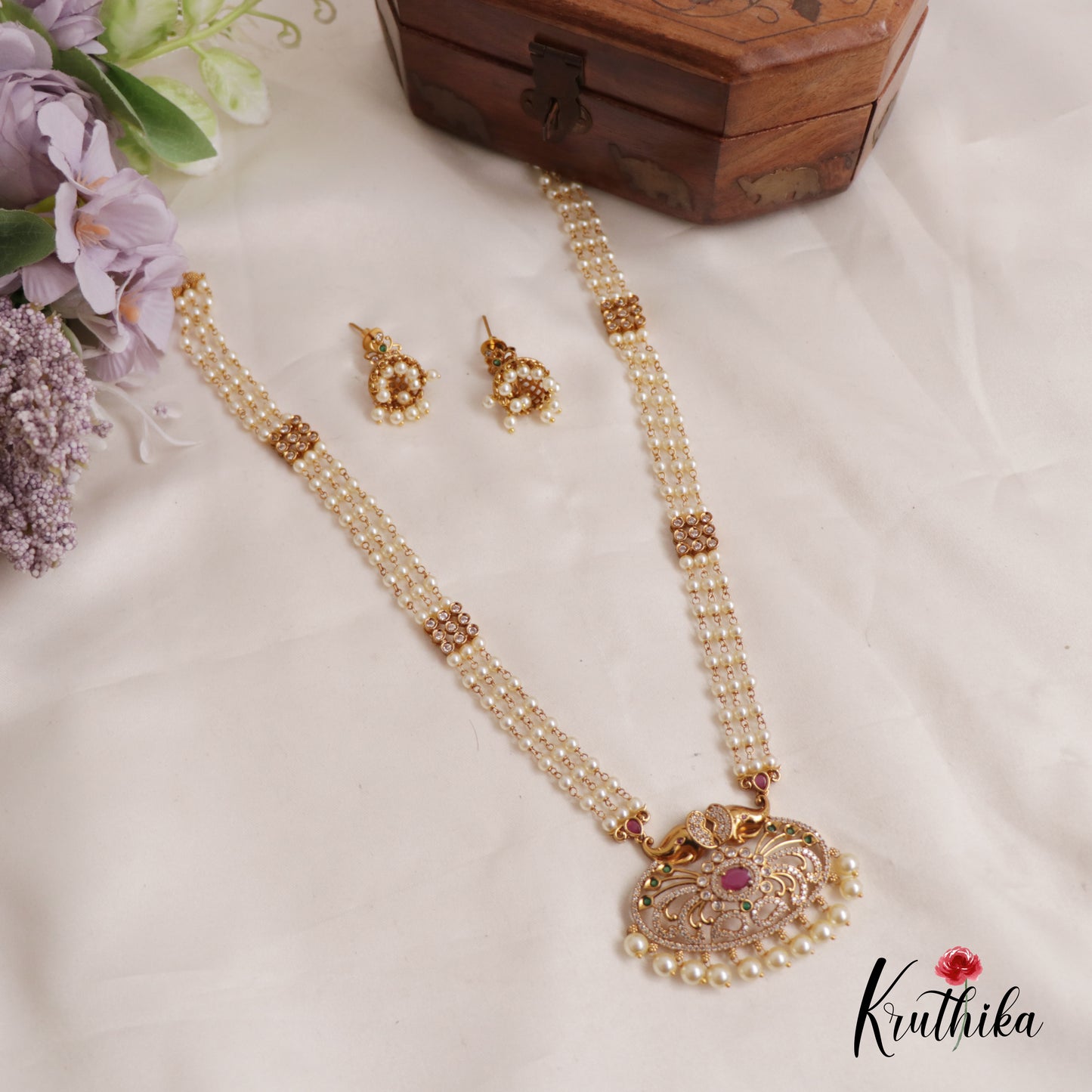 Elegant Triple Layered Pearl Strands With Elephant Motifs Pendant Haaram LH2013