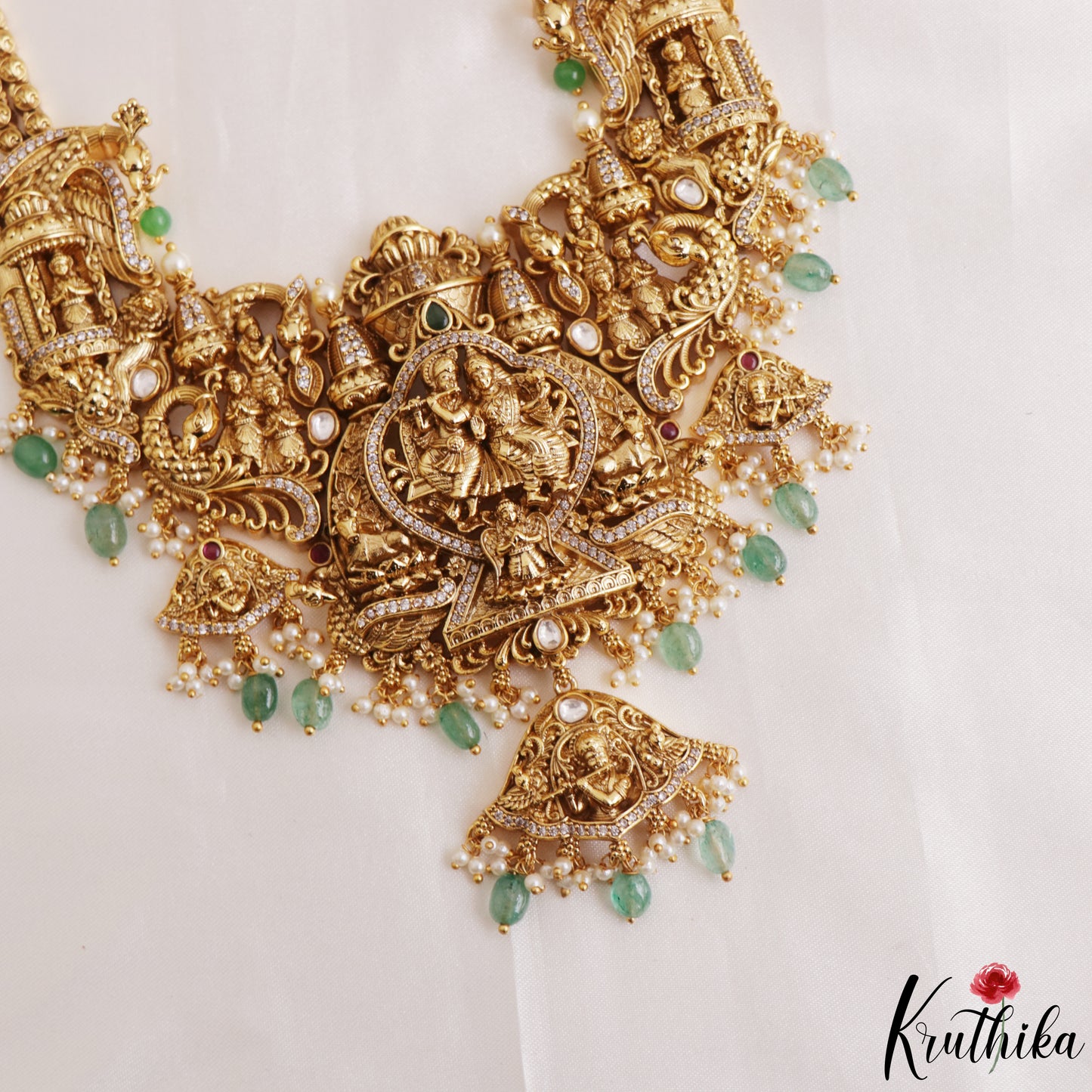 Grand Antique Nagas Radha Krishna Motifs Temple Haaram With Green Bead Drops LH2179