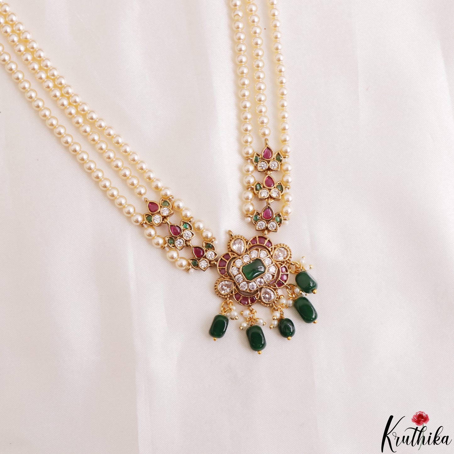 Elegant Multi Strand Pearl Chain With Kemp Square Teardrop Motifs Pendant LH2195 (Available In 3 Colors)