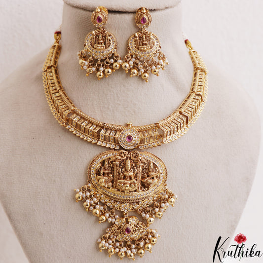 Gorgeous Antique Nagas Lakshmi Motifs Temple Necklace With Pearl Bead Drops NC3227 (Available In 2 Colors)