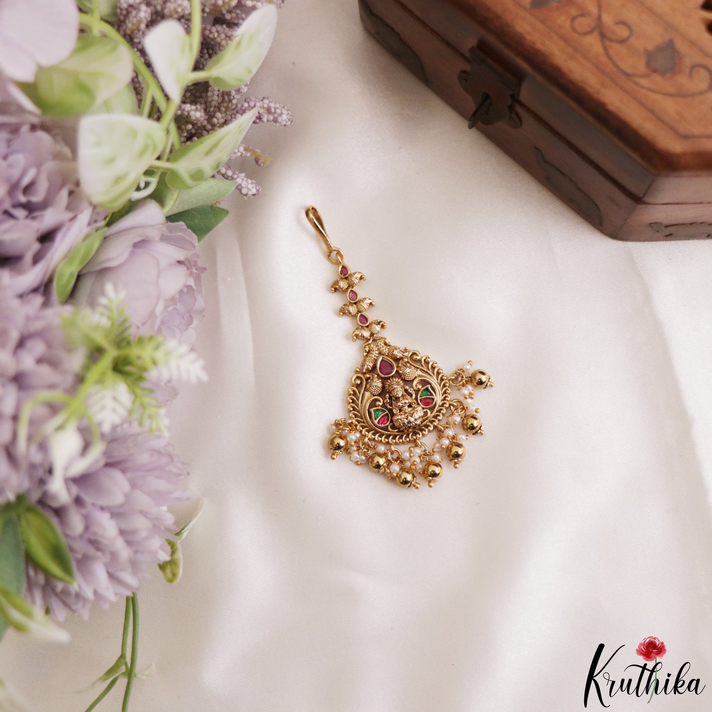 Pretty Antique Lakshmi Peacock Motifs Jadau Maang Tikka With Pearl Bead Drops MT407 (Available In 3 Colors)