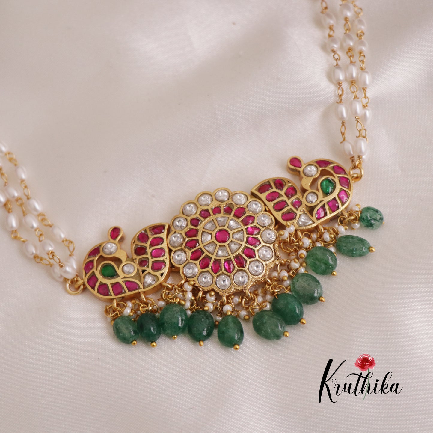 Royal Jadau Kundan Peacock Pearls choker with Green Drops NC2500
