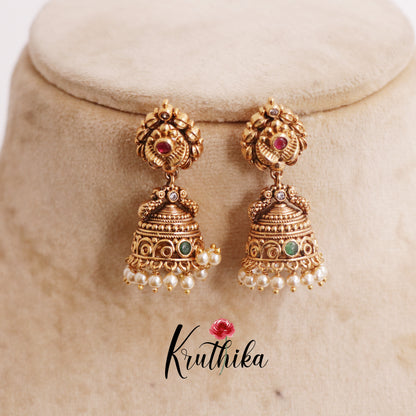 Beautiful Antique Peacock Jhumkas with Pearl Drops E681 (Available in 2 Colors)