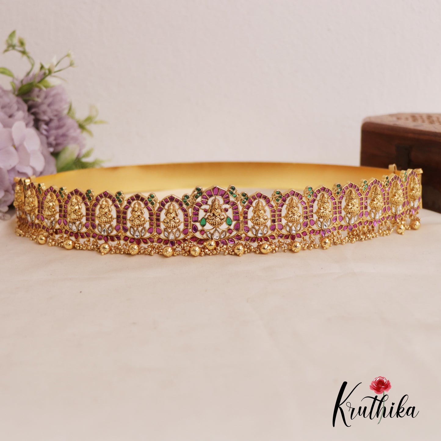 Gorgeous Kemp Lakshmi Lotus Motifs Hip Belt with Bead Drops V315 (Available in 2 Colors)