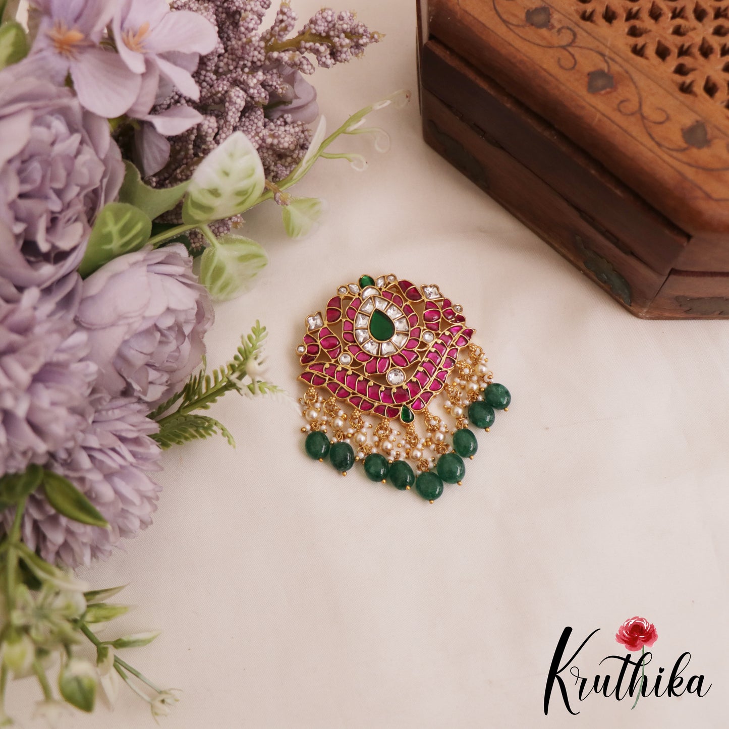 Gorgeous Teardrop Motifs Jadau Pendant With Green Bead Drops PS285