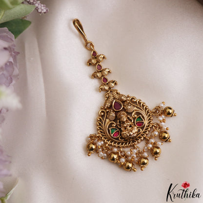Pretty Antique Lakshmi Peacock Motifs Jadau Maang Tikka With Pearl Bead Drops MT407 (Available In 3 Colors)