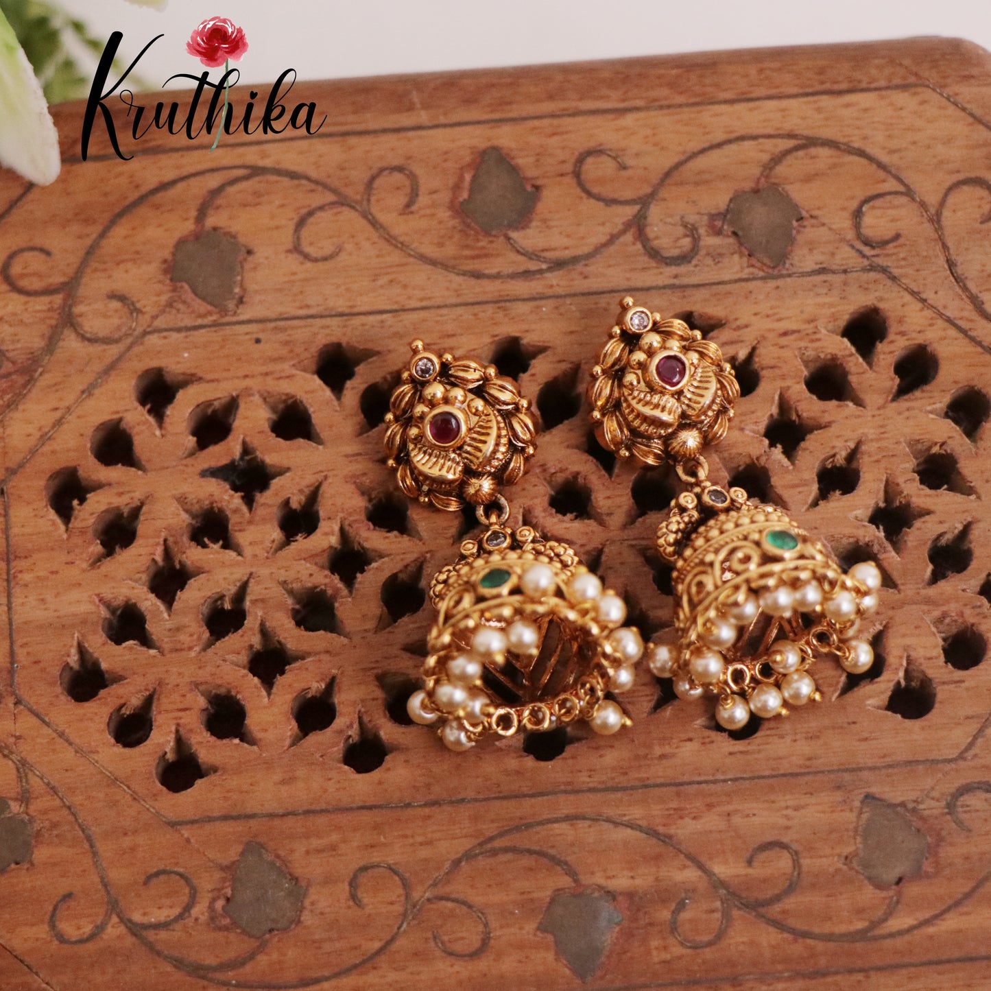 Beautiful Antique Peacock Jhumkas with Pearl Drops E681 (Available in 2 Colors)