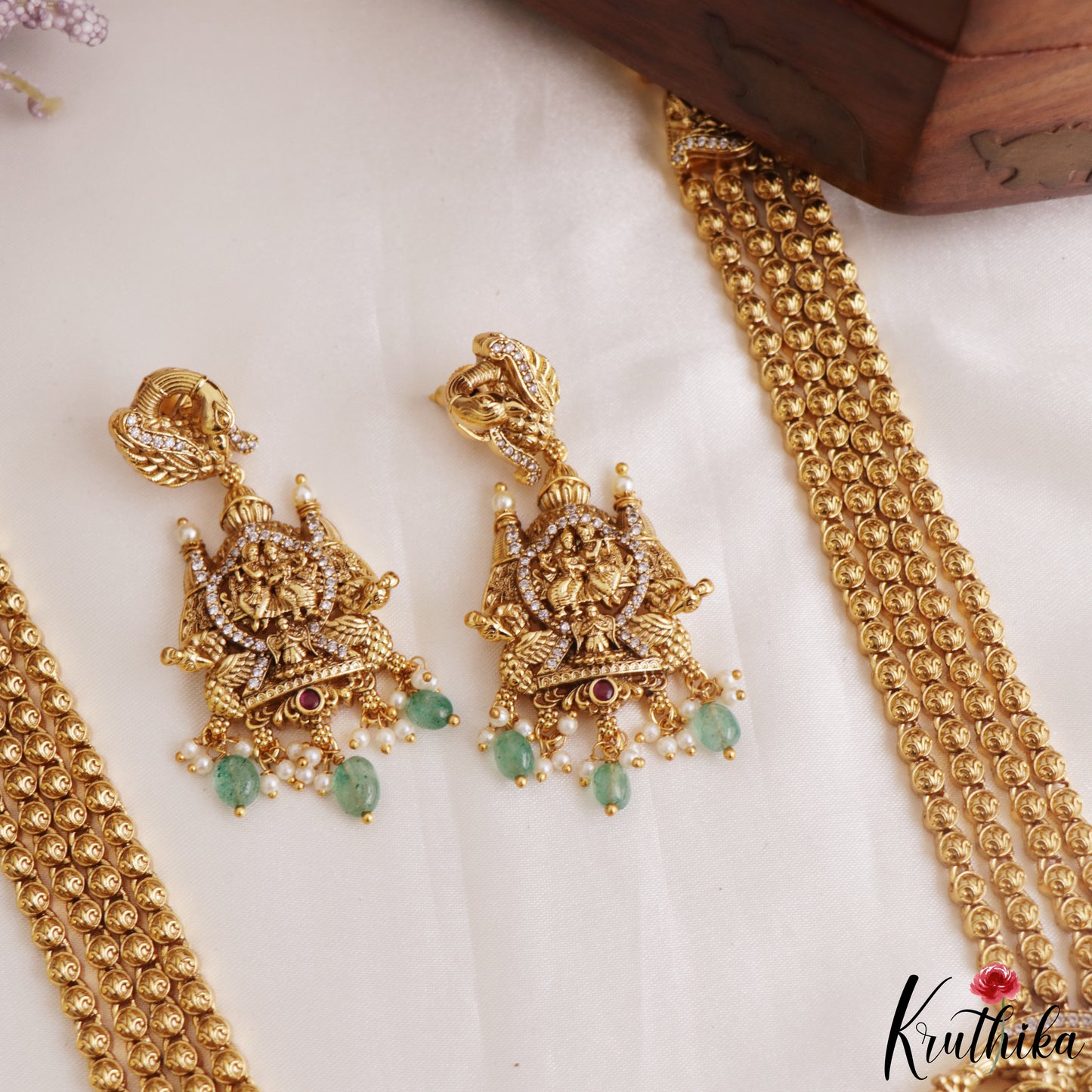 Grand Antique Nagas Radha Krishna Motifs Temple Haaram With Green Bead Drops LH2179