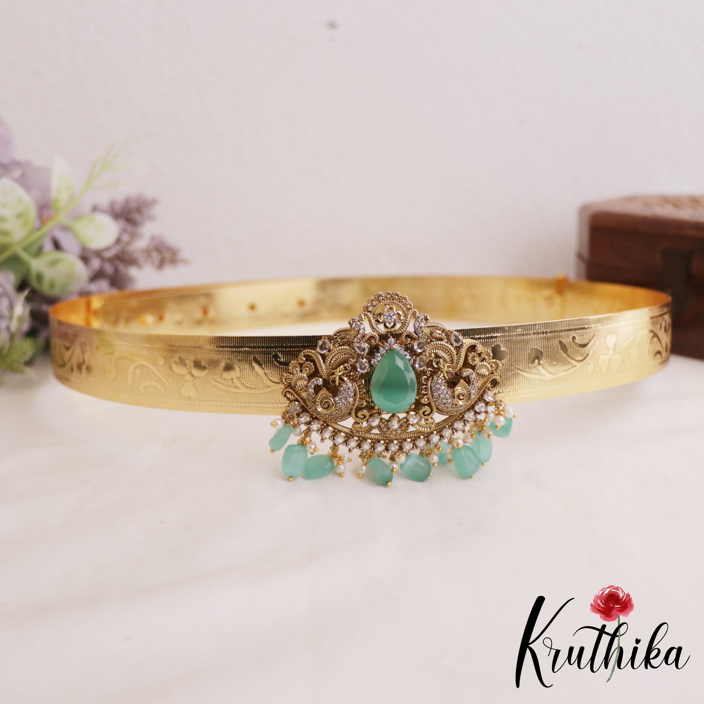 Beautiful Peacock Motifs AD Stones Hip Belt V373 (Available In 4 Colors)