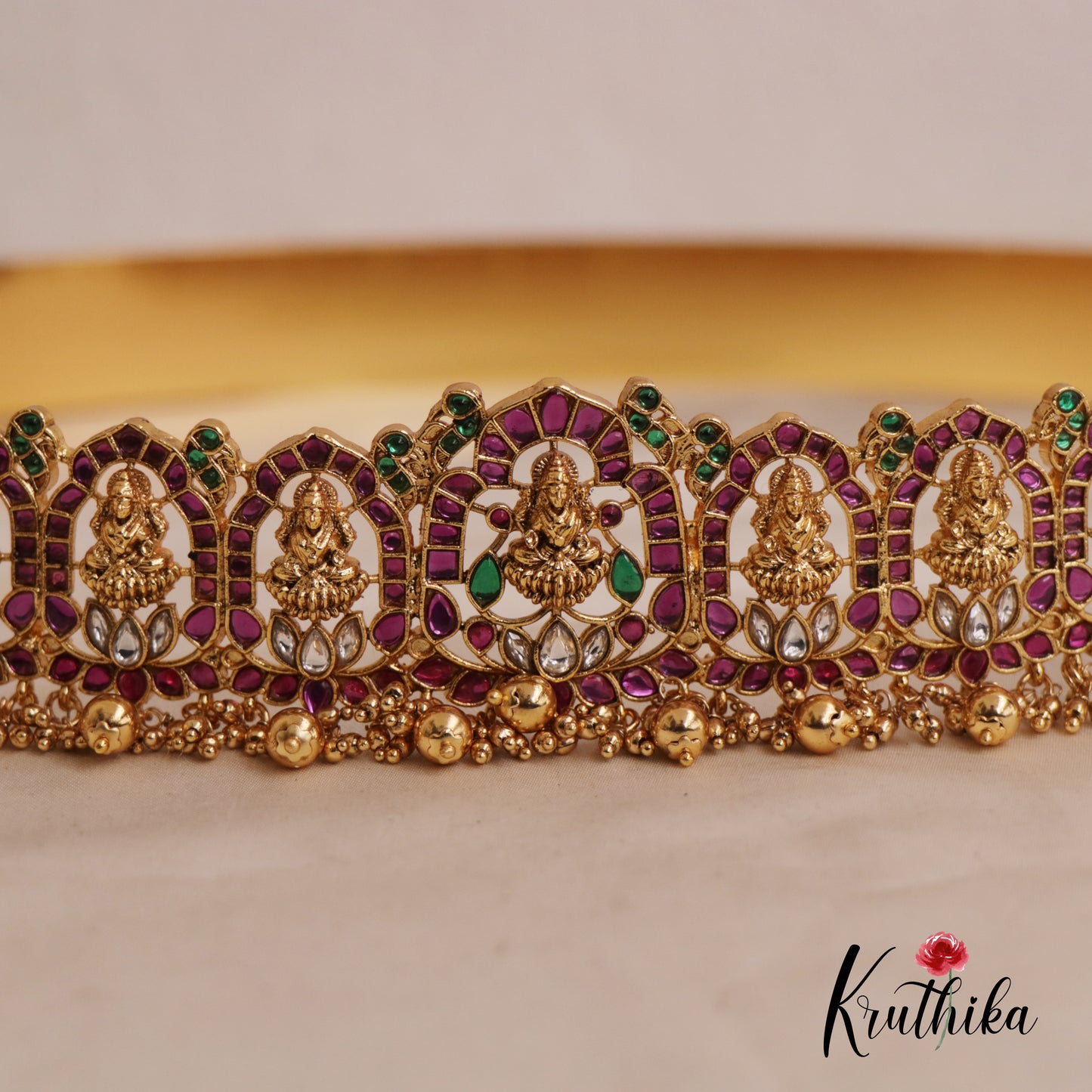 Gorgeous Kemp Lakshmi Lotus Motifs Hip Belt with Bead Drops V315 (Available in 2 Colors)