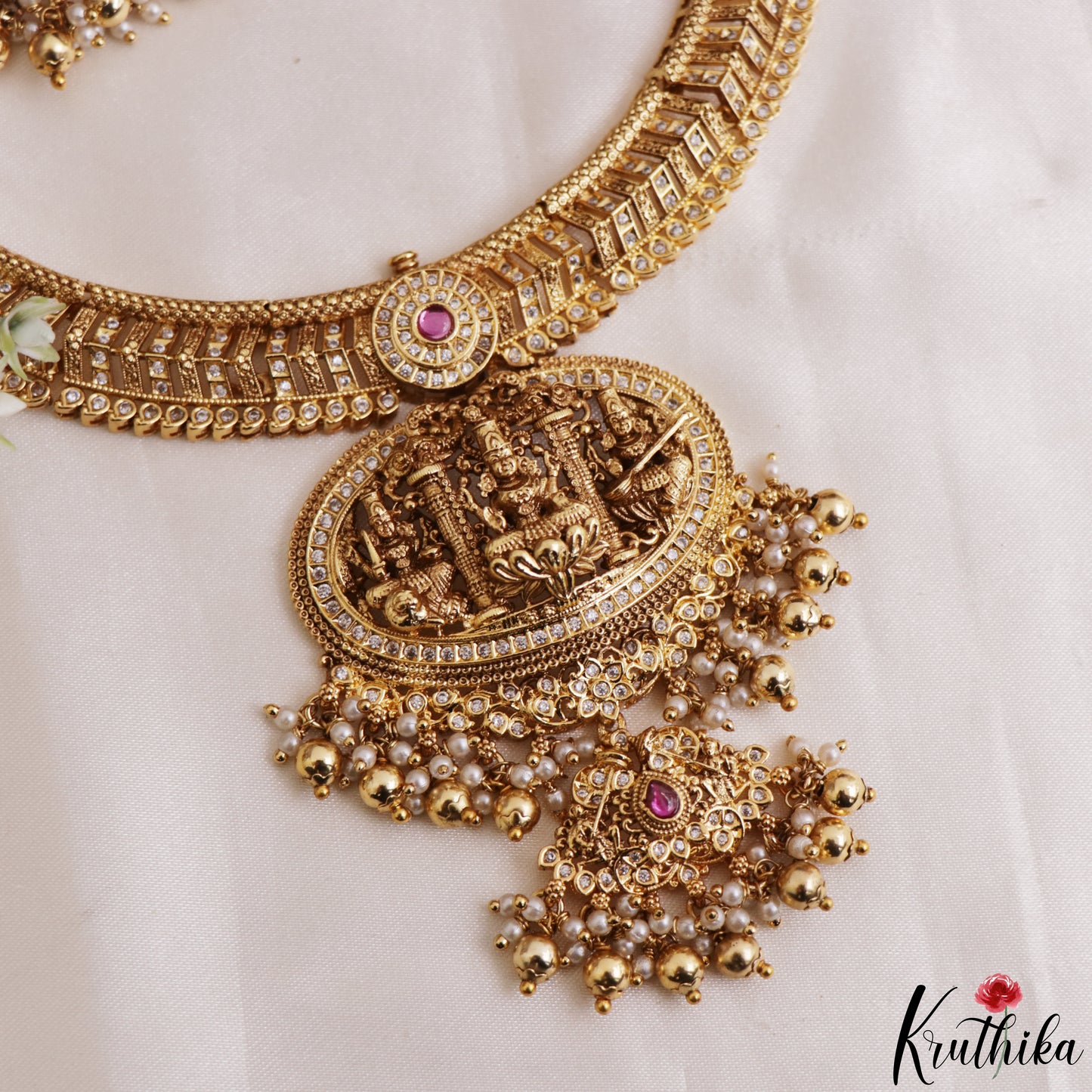 Gorgeous Antique Nagas Lakshmi Motifs Temple Necklace With Pearl Bead Drops NC3227 (Available In 2 Colors)