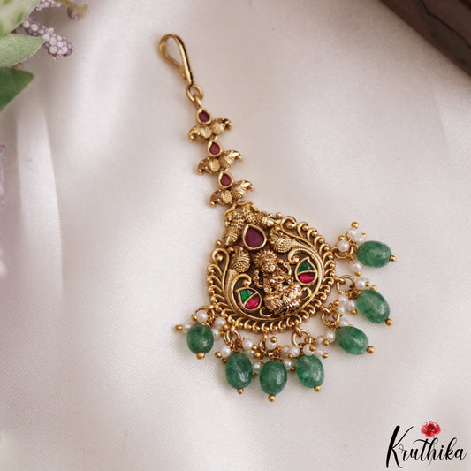 Pretty Antique Lakshmi Peacock Motifs Jadau Maang Tikka With Pearl Bead Drops MT407 (Available In 3 Colors)