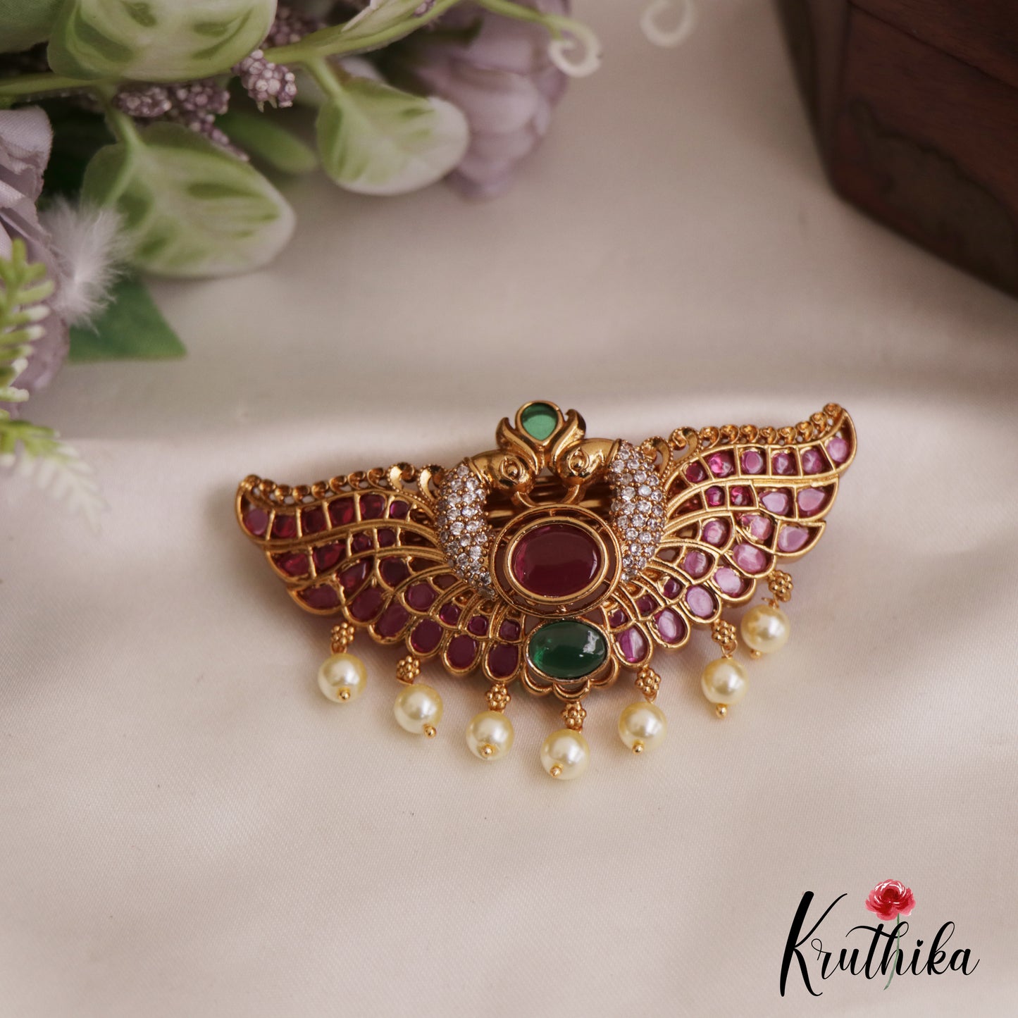 Stunning Peacock Motifs Jadau Hair Clip With Pearl Drops J354 (Available In 2 Colors)